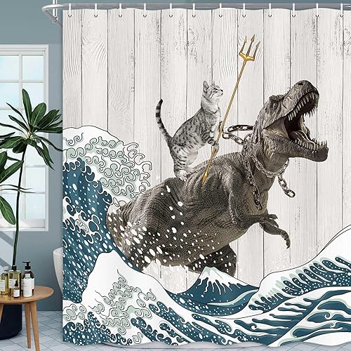 Boziqr Funny Cat Shower Curtain  Cool Cat Dinosaur Japanese Ocean Wave Decor Fabric Bathroom Curtains  Kids Children Rustic Wooden Farmhouse Shower Curtain  70X70 Inches
